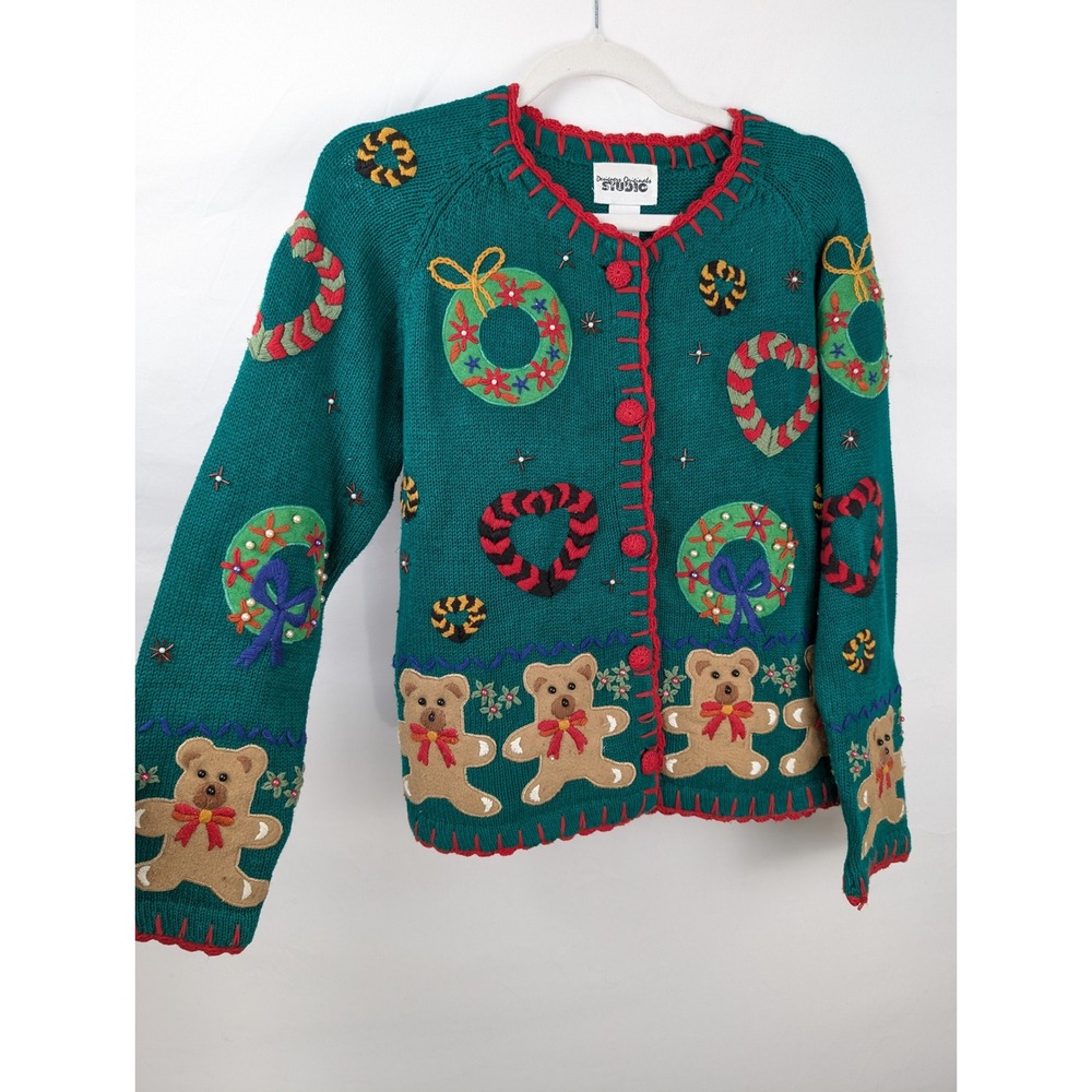 Vintage 3D Embroidered Teddy Bear Ugly Christmas Sweater Button Cardigan Size M
